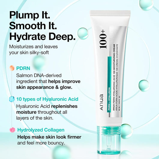 Anua 100+ skincare cream tube with product features on a light blue background