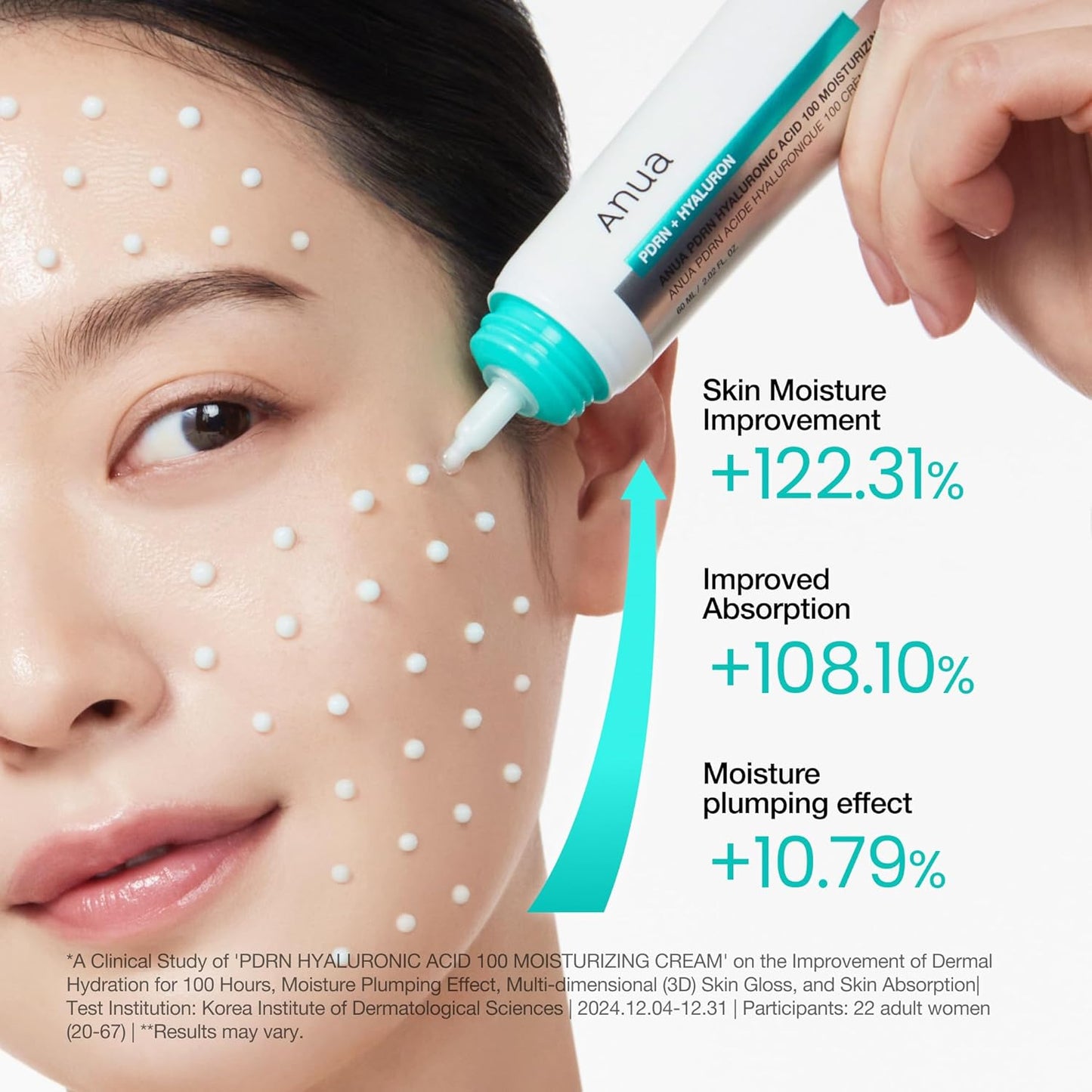 Woman applying a skincare product to her face with text highlighting moisture improvement and absorption benefits.