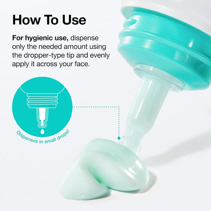 Teal skincare product with dropper tip and text on how to use it hygienically.